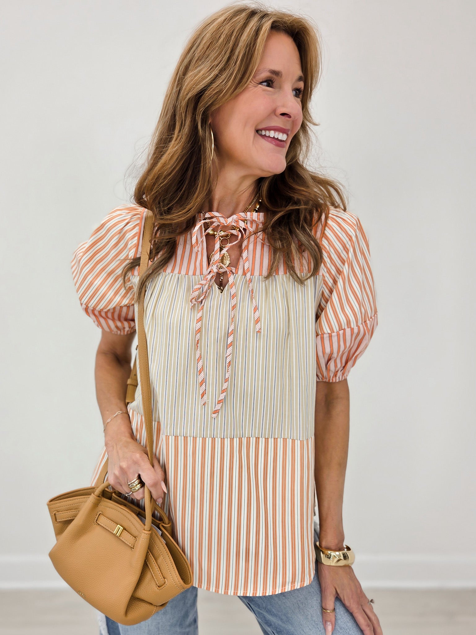 Short Sleeve Color Block Mix Woven Top