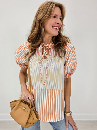 Short Sleeve Color Block Mix Woven Top