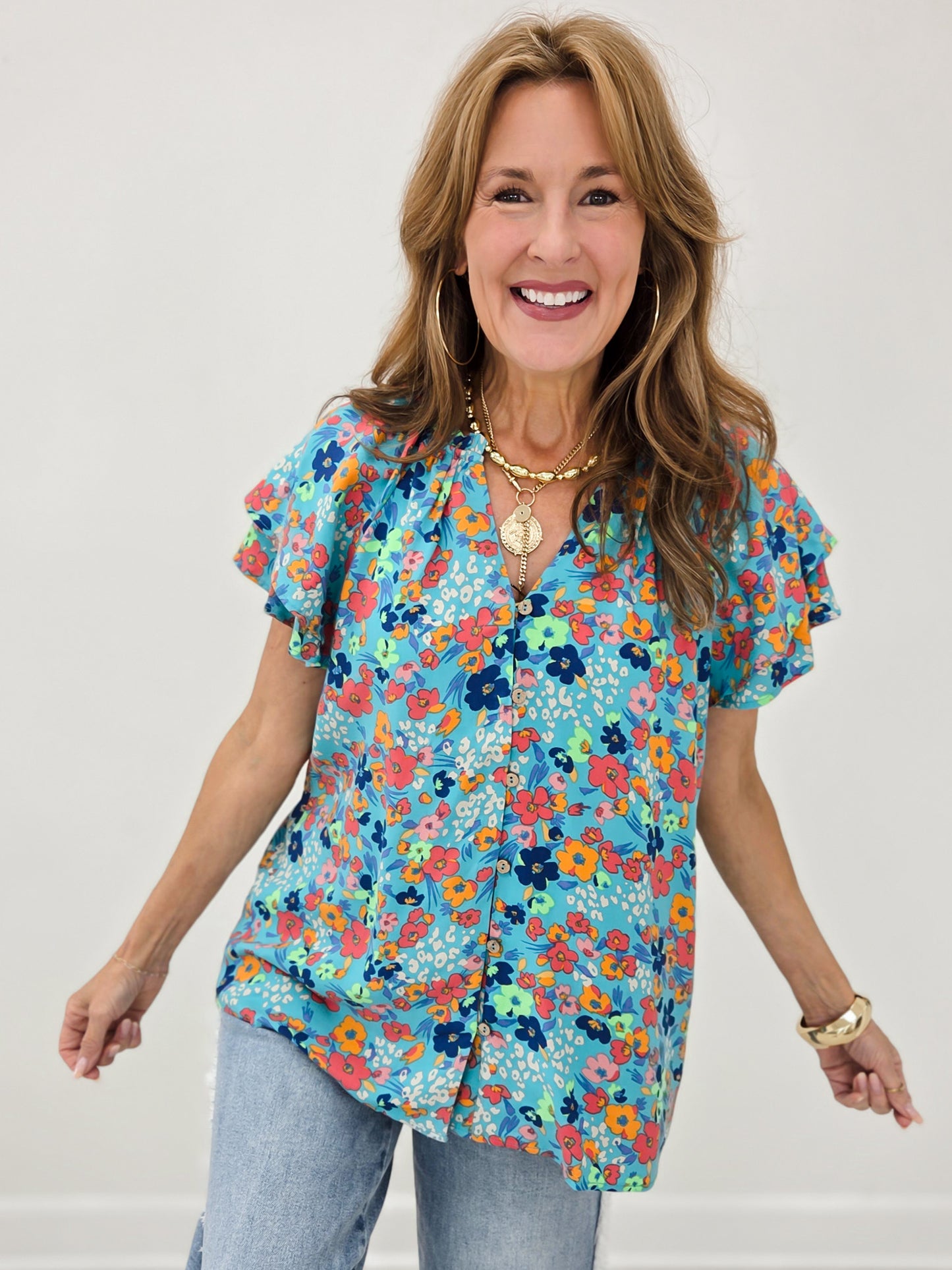 Short Sleeve Floral Print Challis Woven Top