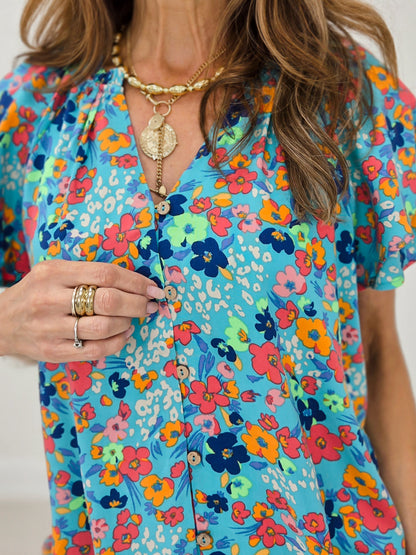 Short Sleeve Floral Print Challis Woven Top