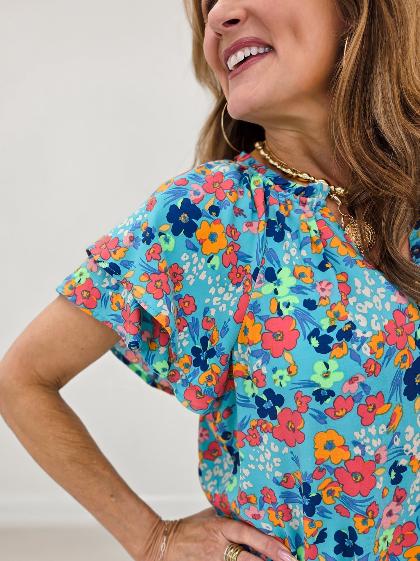 Short Sleeve Floral Print Challis Woven Top