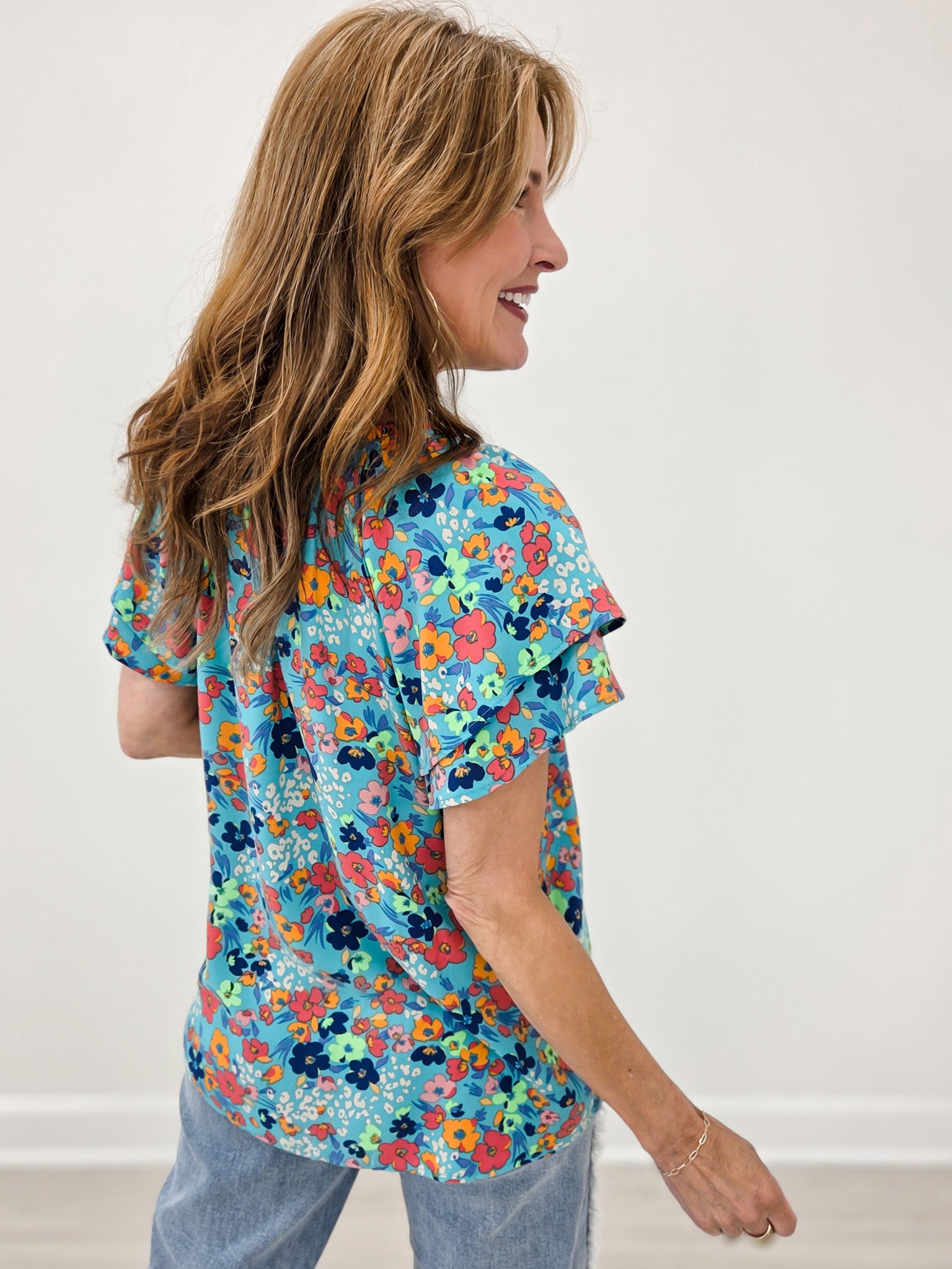 Short Sleeve Floral Print Challis Woven Top