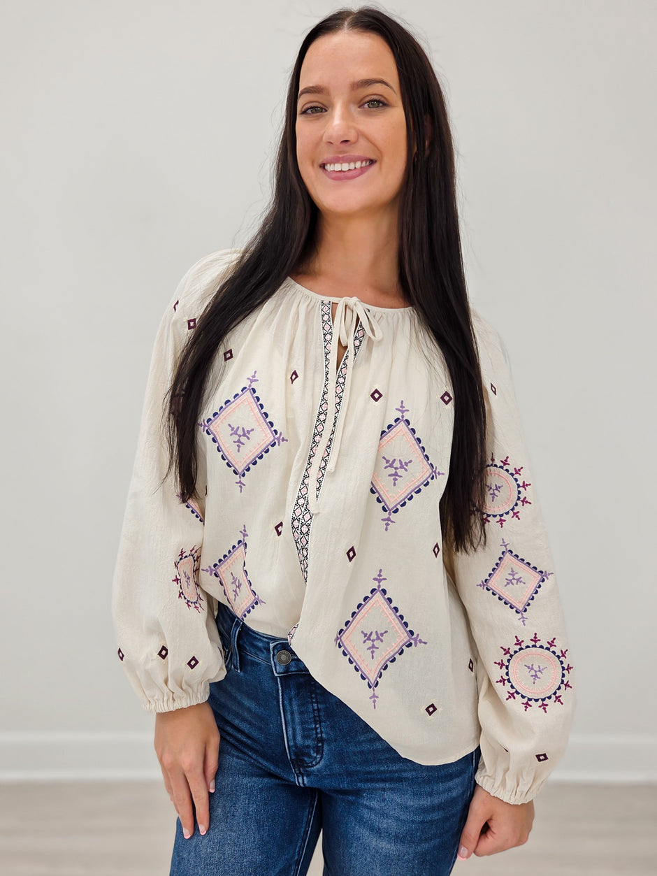Long Sleeve Embroidered Cotton Linen Top