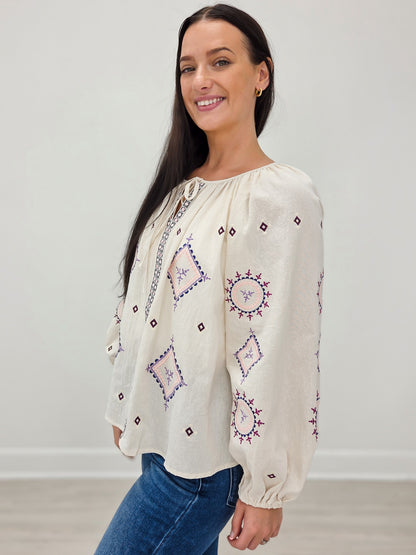 Long Sleeve Embroidered Cotton Linen Top