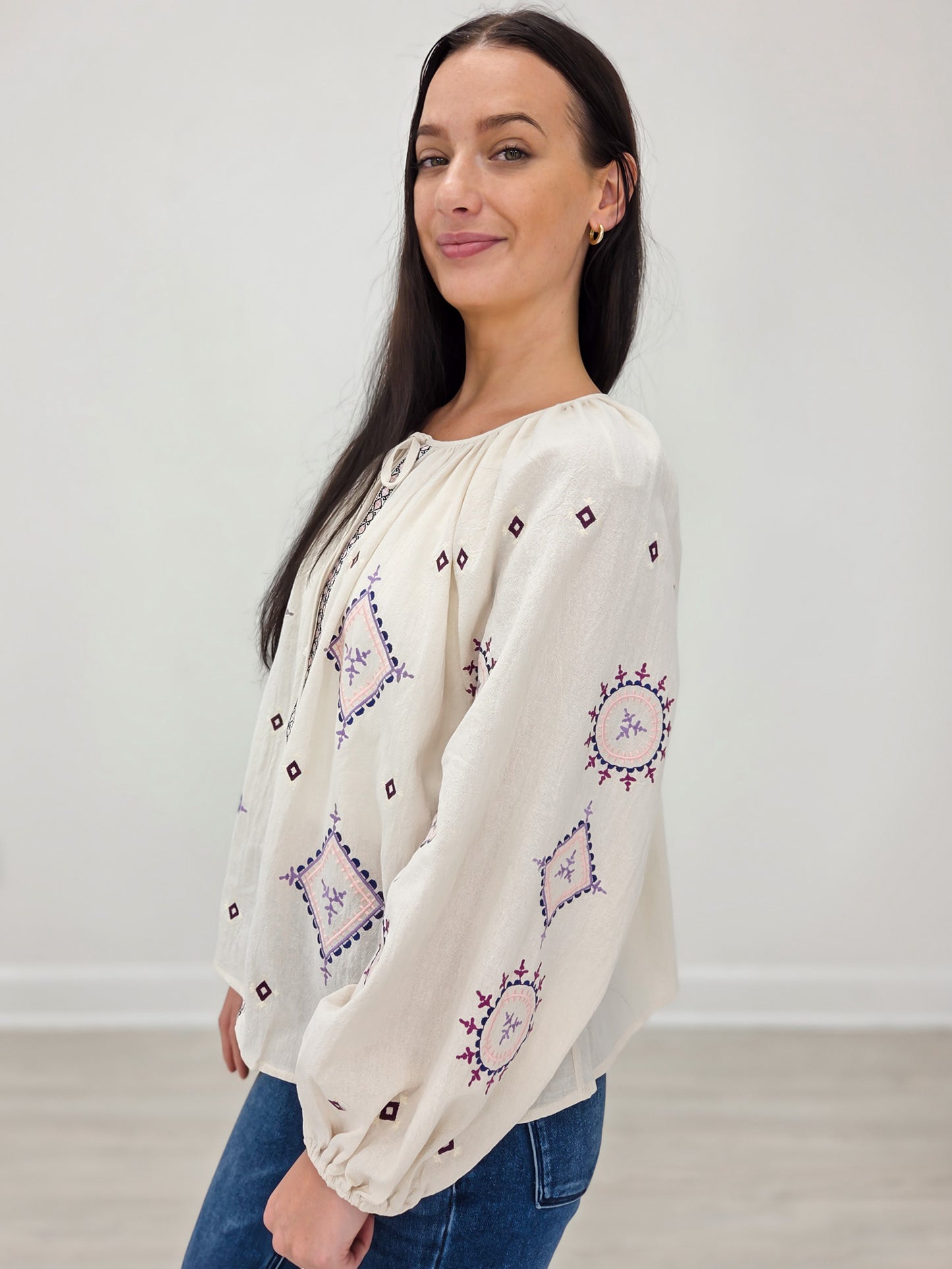 Long Sleeve Embroidered Cotton Linen Top