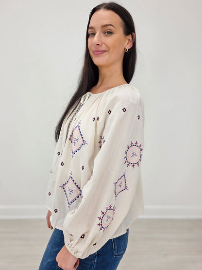 Long Sleeve Embroidered Cotton Linen Top