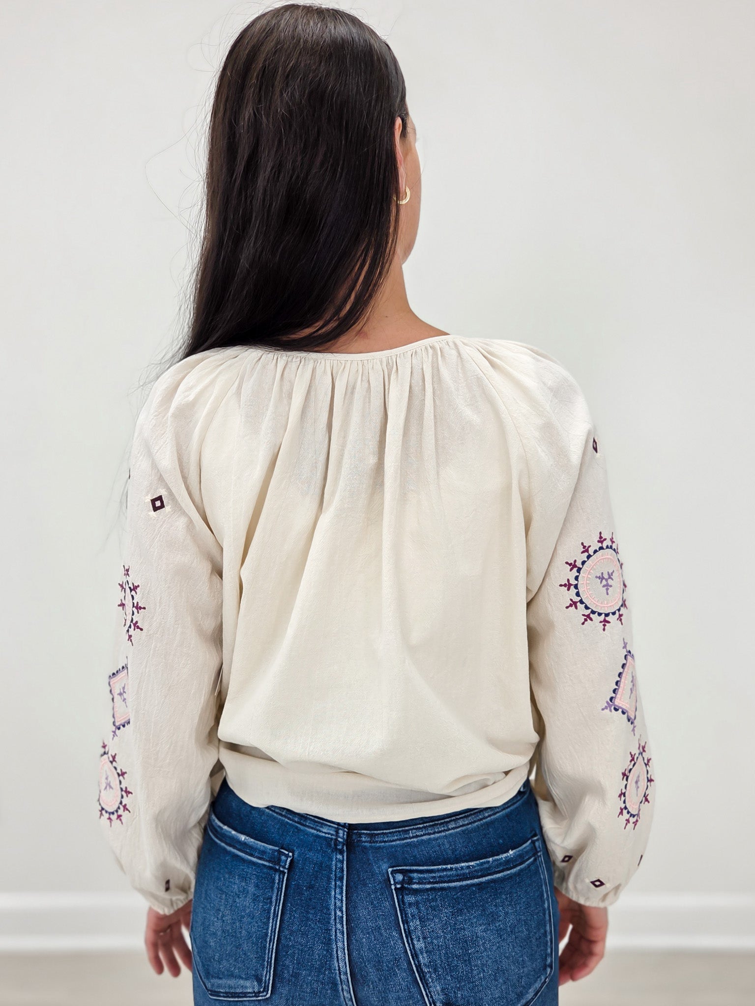 Long Sleeve Embroidered Cotton Linen Top
