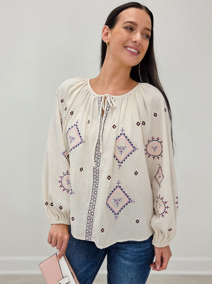 Long Sleeve Embroidered Cotton Linen Top