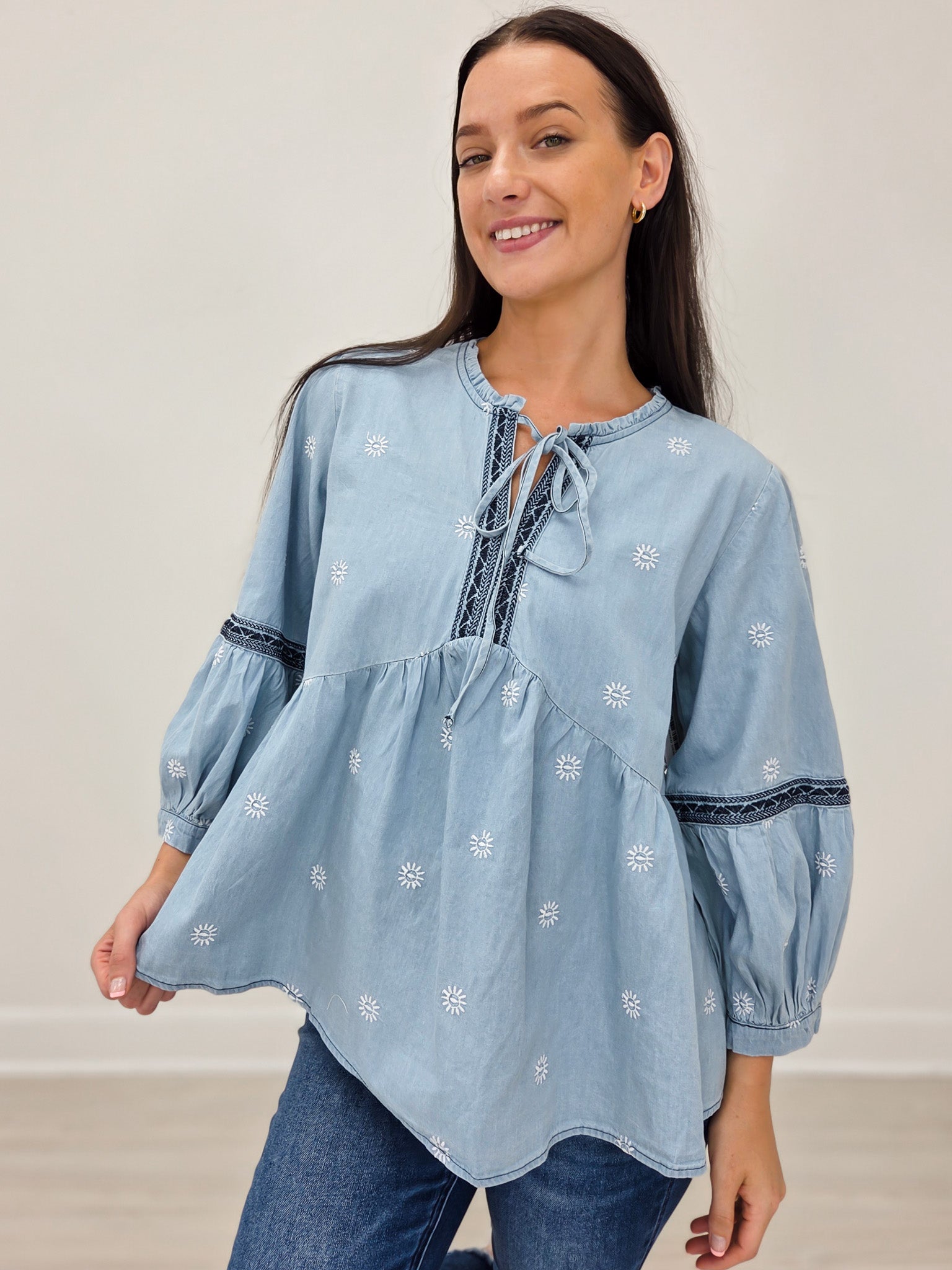 3/4 Button Sleeve Embroidered Babydoll Tunic Top