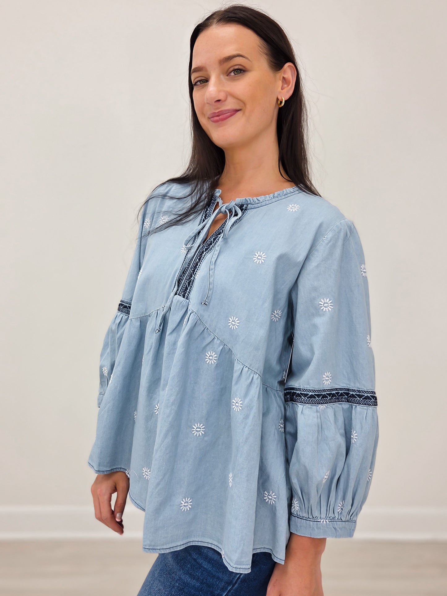 3/4 Button Sleeve Embroidered Babydoll Tunic Top