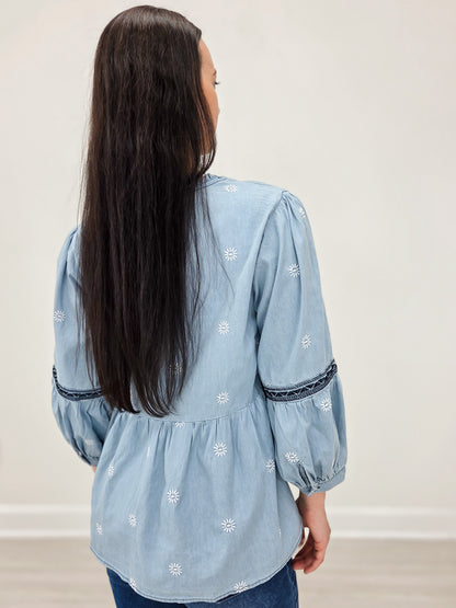 3/4 Button Sleeve Embroidered Babydoll Tunic Top