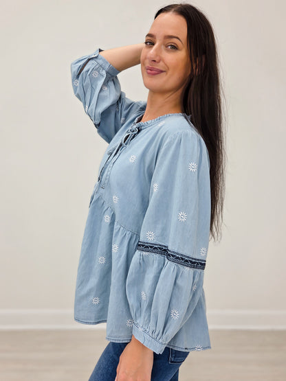 3/4 Button Sleeve Embroidered Babydoll Tunic Top