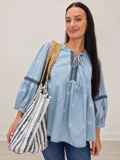 3/4 Button Sleeve Embroidered Babydoll Tunic Top