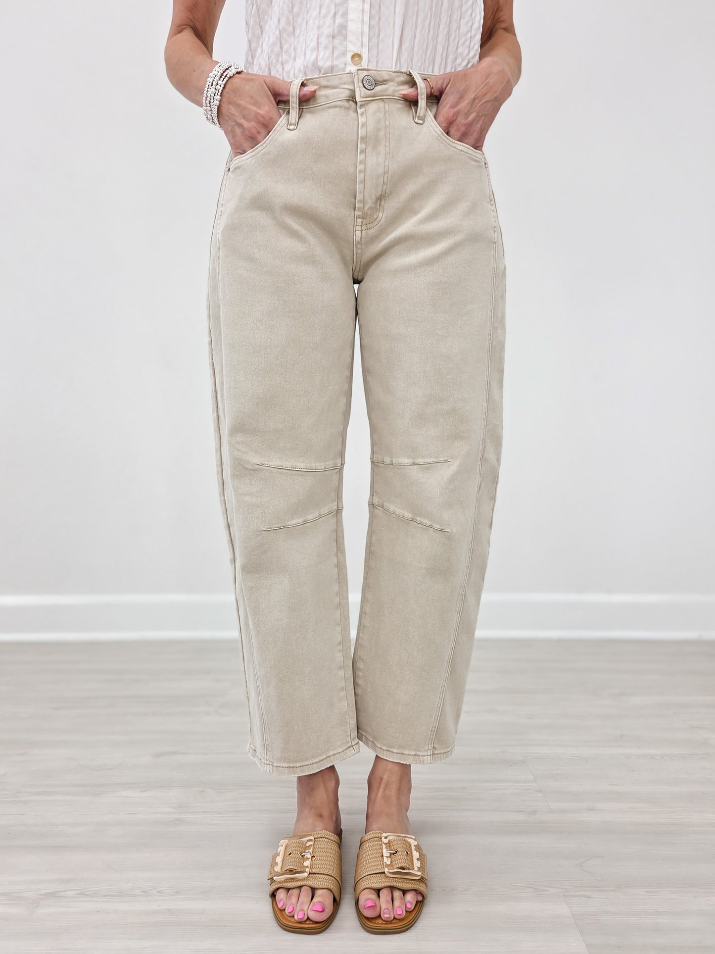 Sand Beige High Rise Barrel Denim Pants
