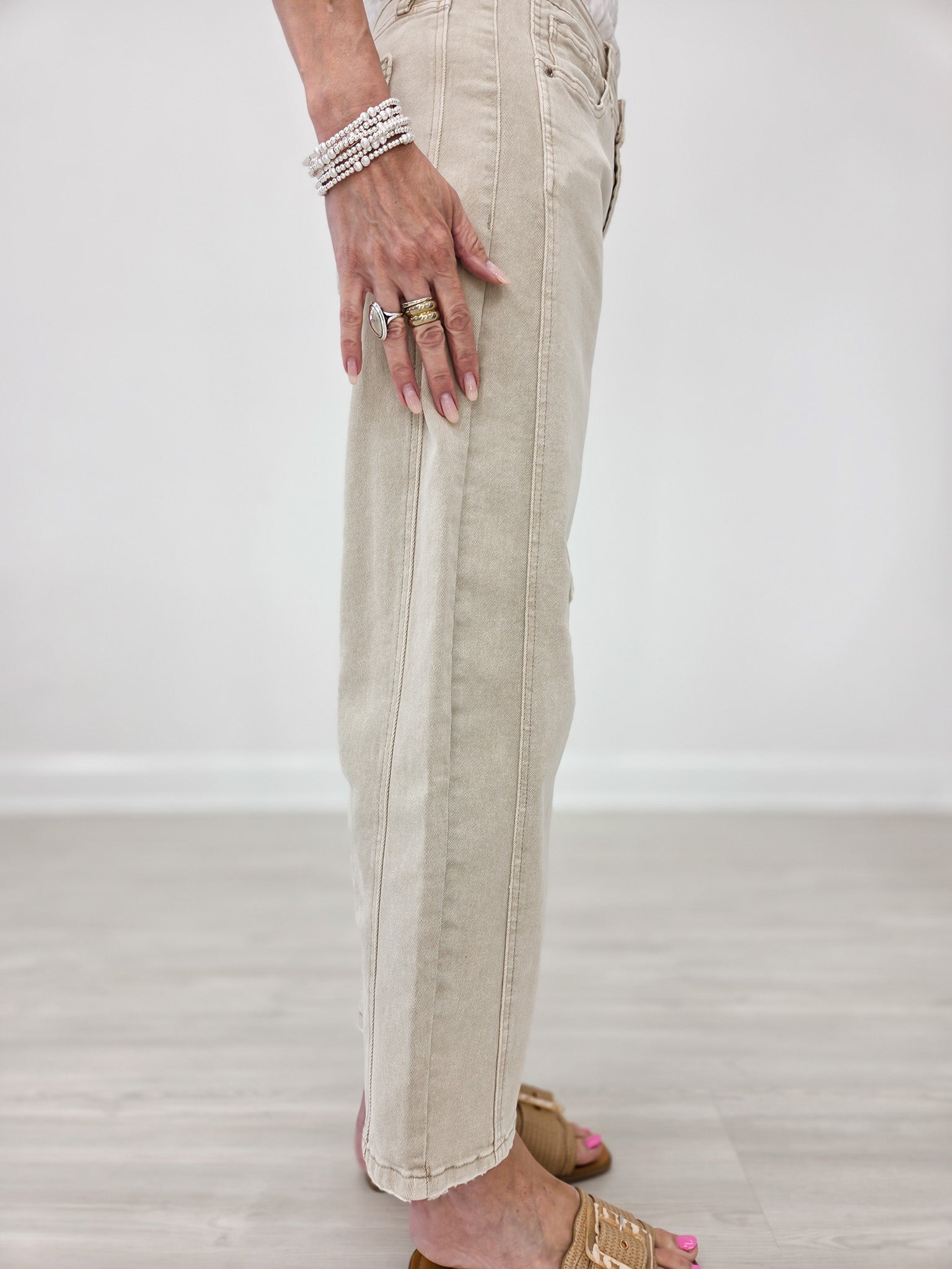 Sand Beige High Rise Barrel Denim Pants
