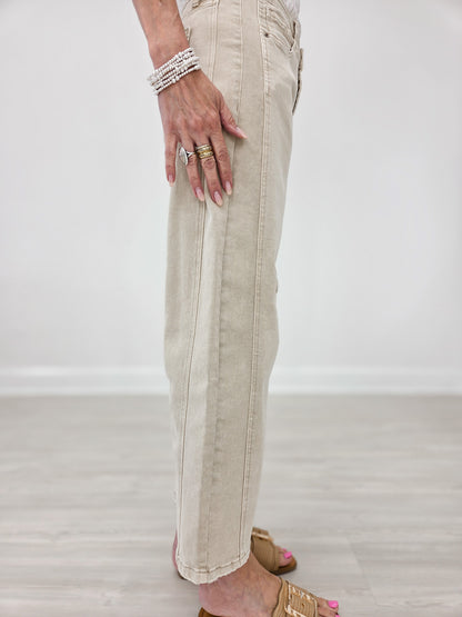 Sand Beige High Rise Barrel Denim Pants