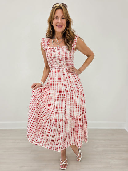 Plaid Smocked Ruffle Strap Tiered Midi Dress