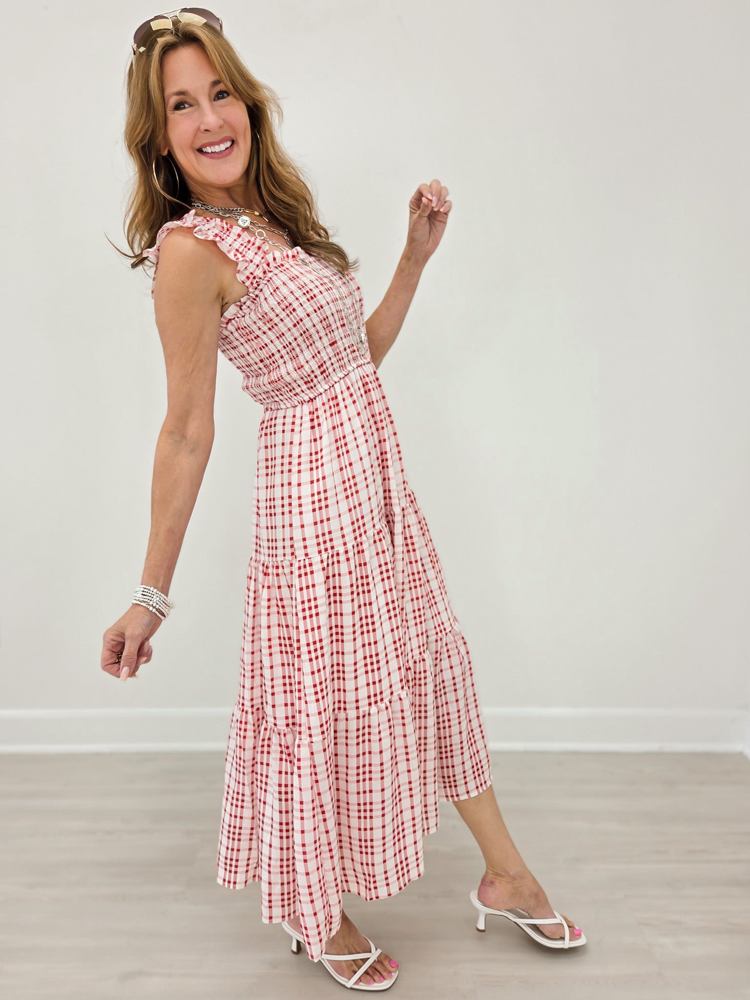 Plaid Smocked Ruffle Strap Tiered Midi Dress