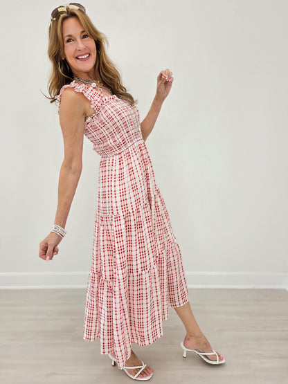 Plaid Smocked Ruffle Strap Tiered Midi Dress