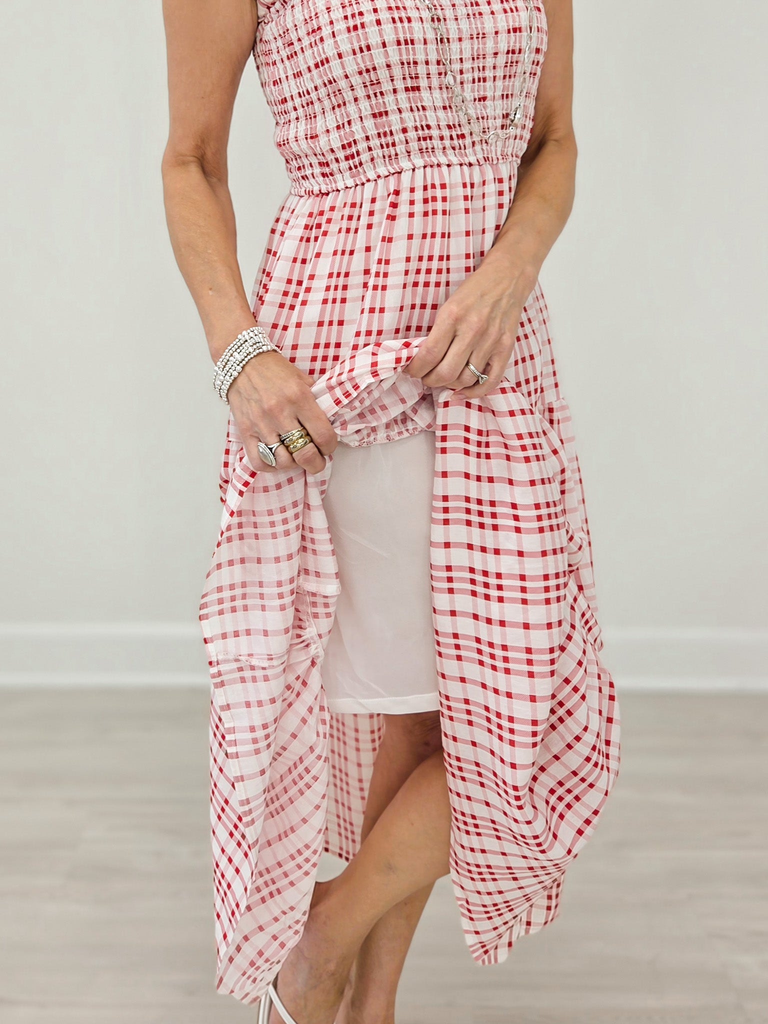 Plaid Smocked Ruffle Strap Tiered Midi Dress