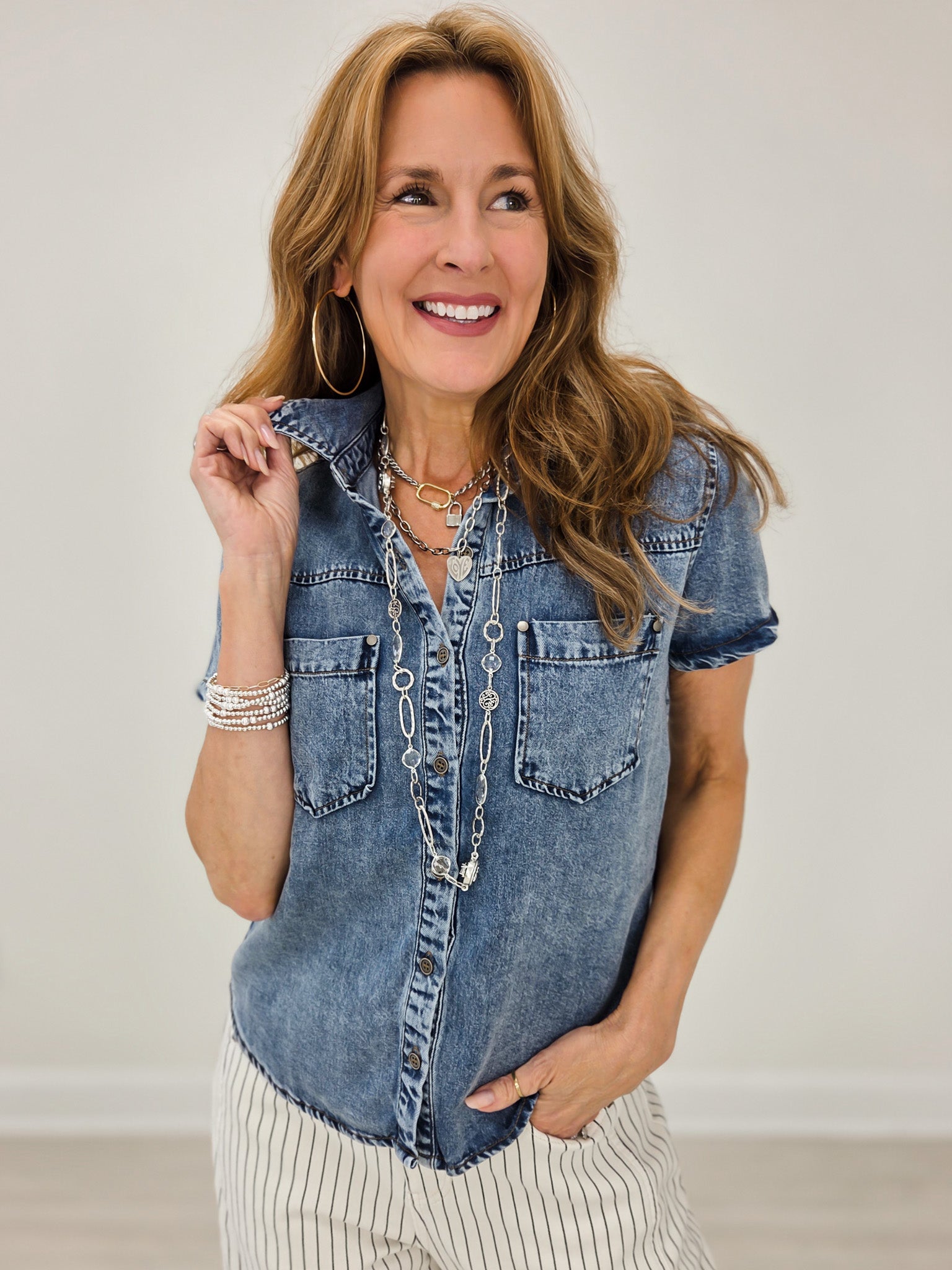 Chambray Collared Short Sleeve Button Down Top