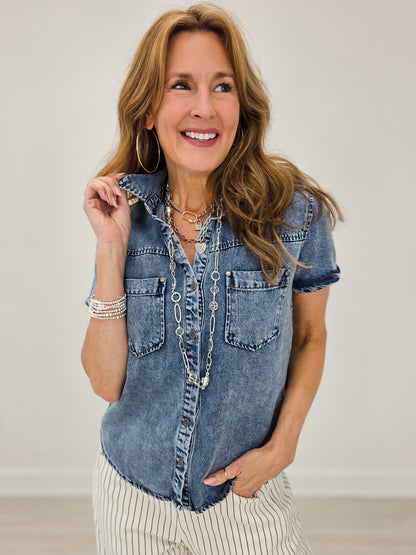 Chambray Collared Short Sleeve Button Down Top