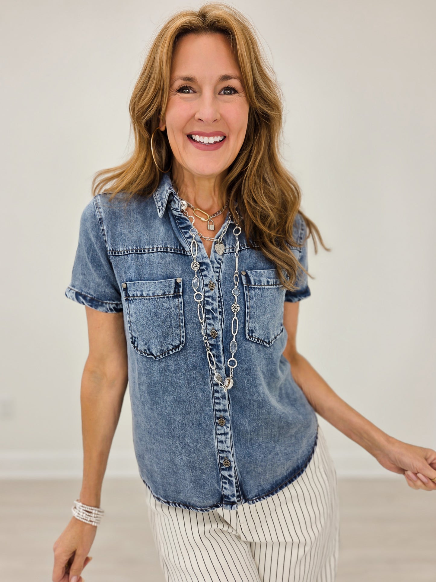 Chambray Collared Short Sleeve Button Down Top
