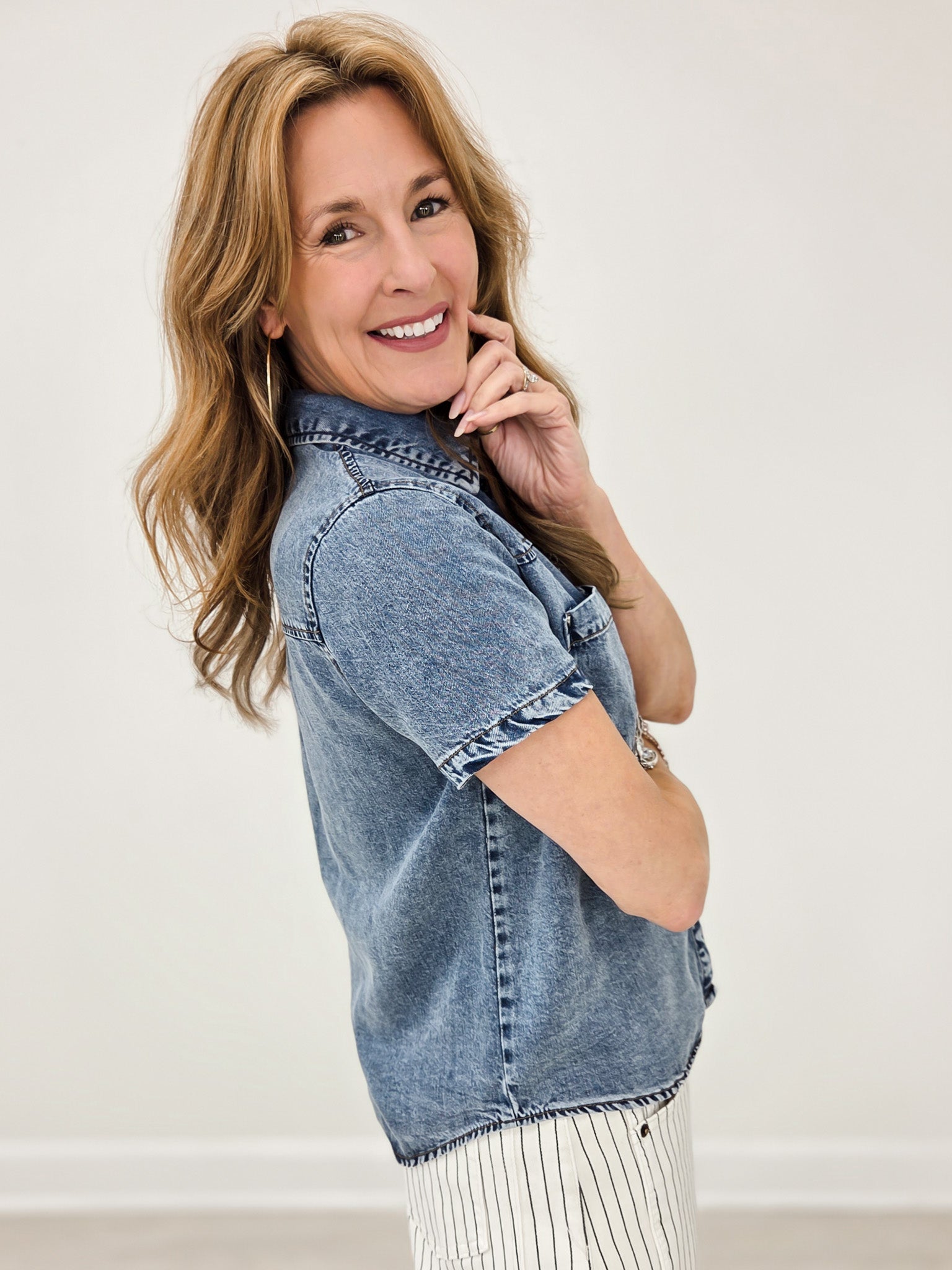 Chambray Collared Short Sleeve Button Down Top