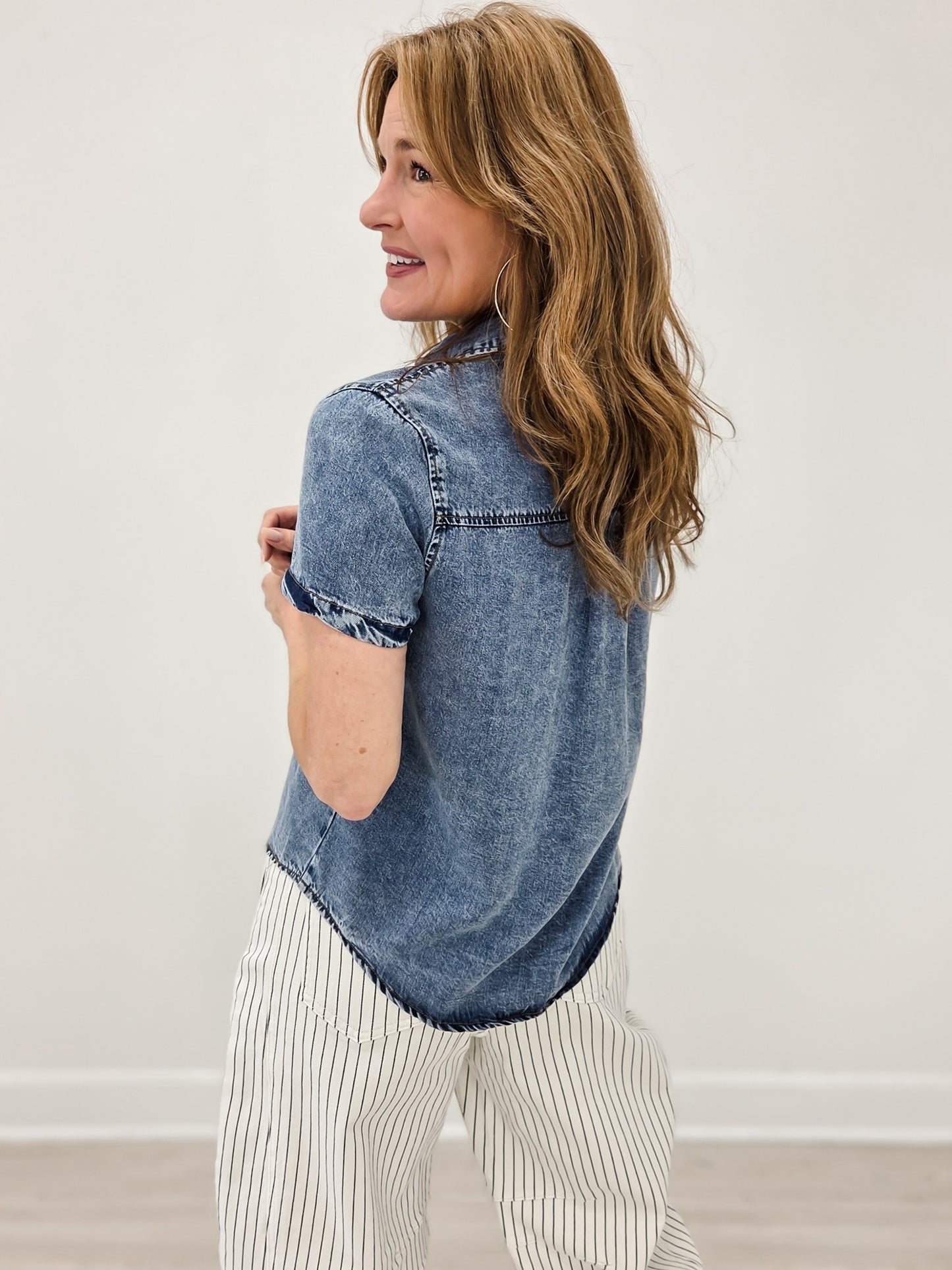 Chambray Collared Short Sleeve Button Down Top