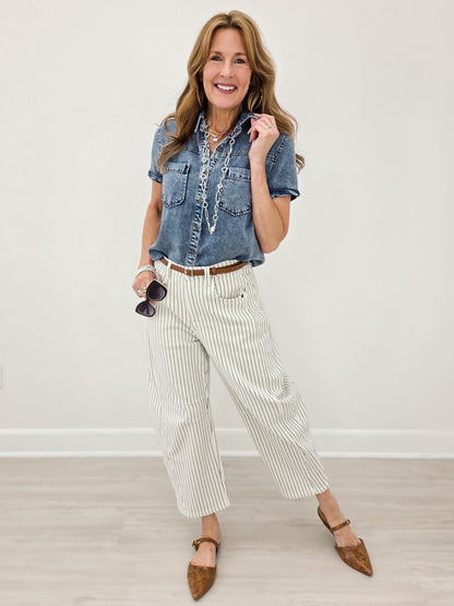 Chambray Collared Short Sleeve Button Down Top
