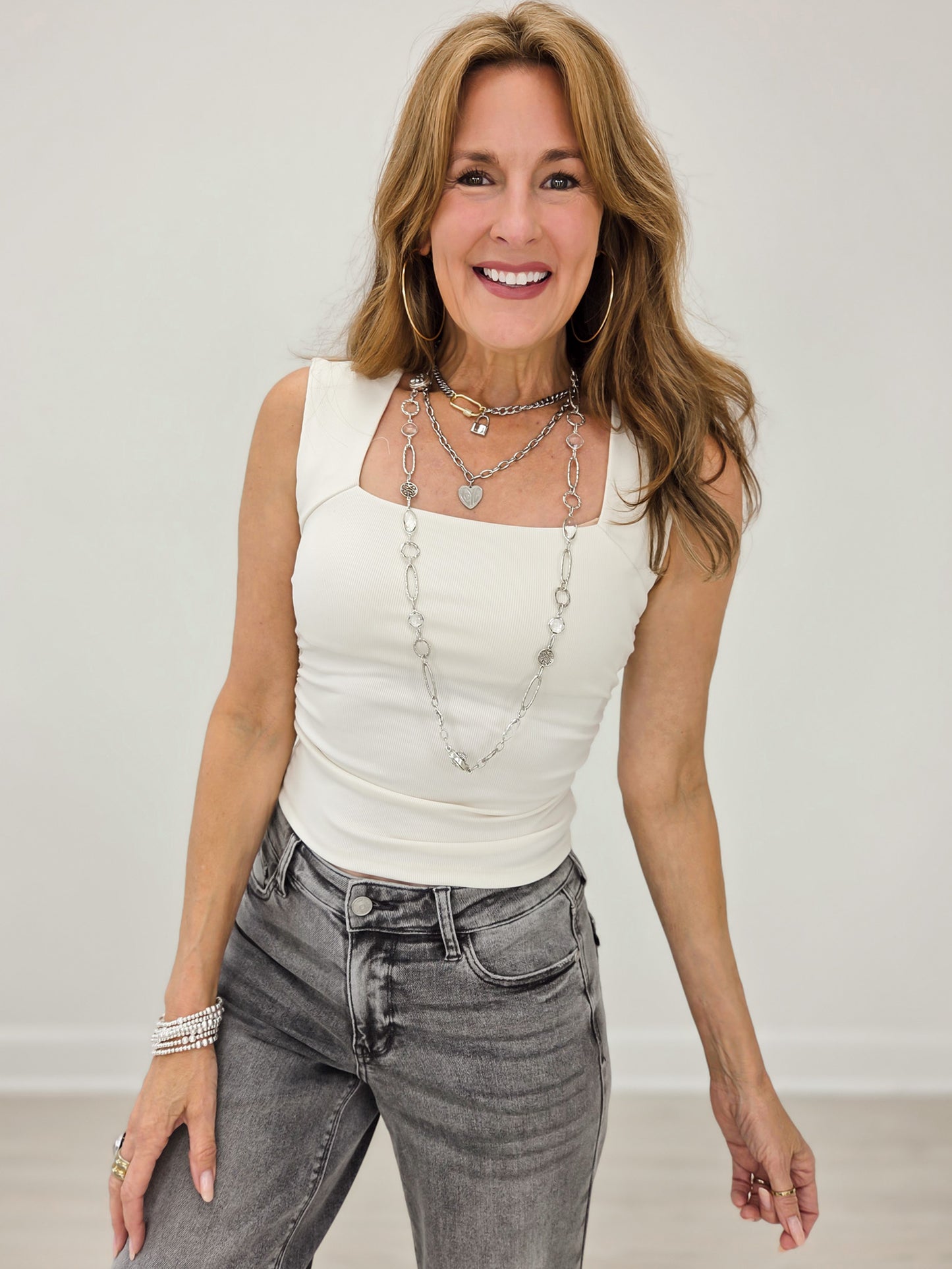 Square Neck Sleeveless Ruched Detail Top