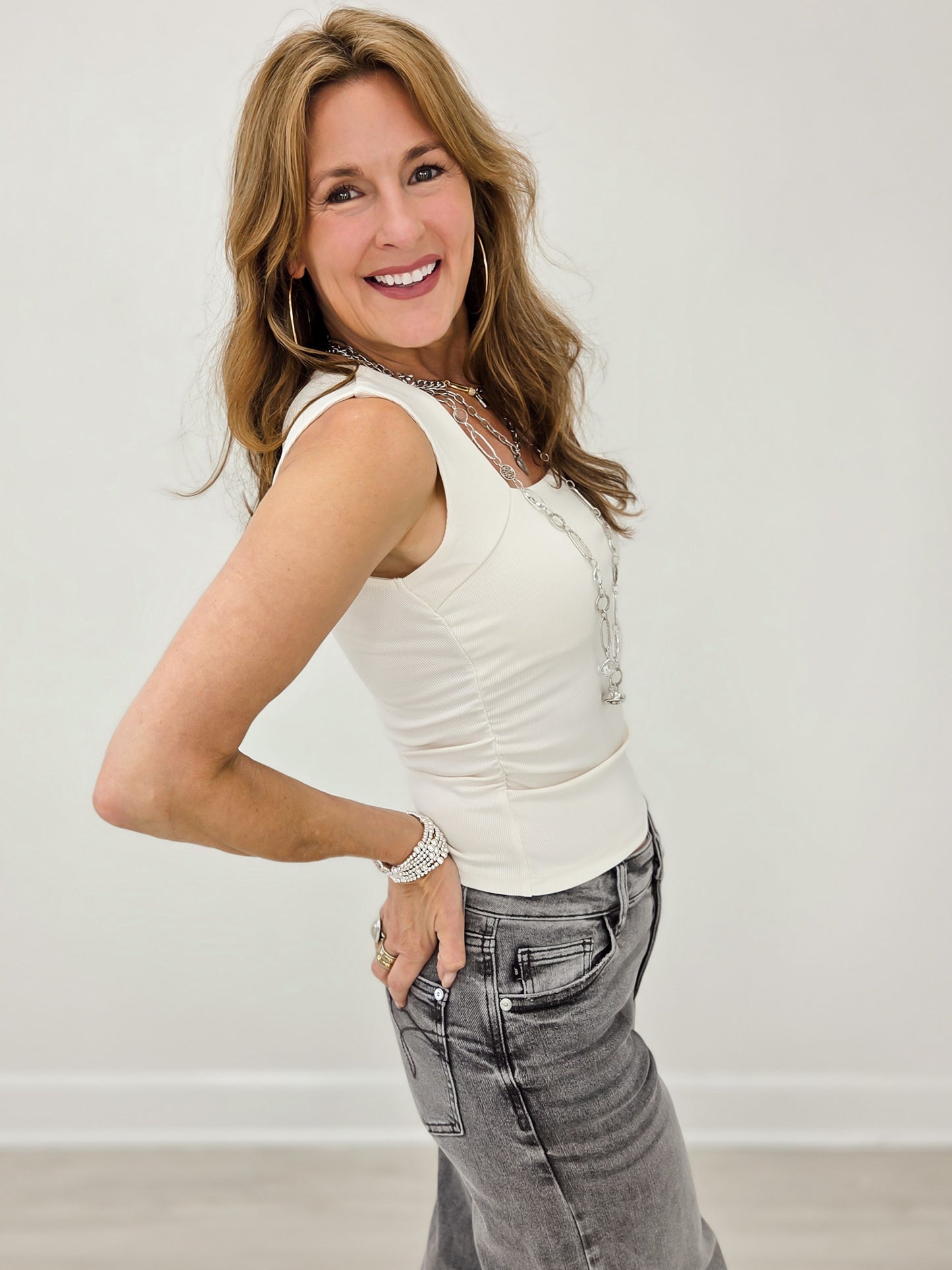 Square Neck Sleeveless Ruched Detail Top