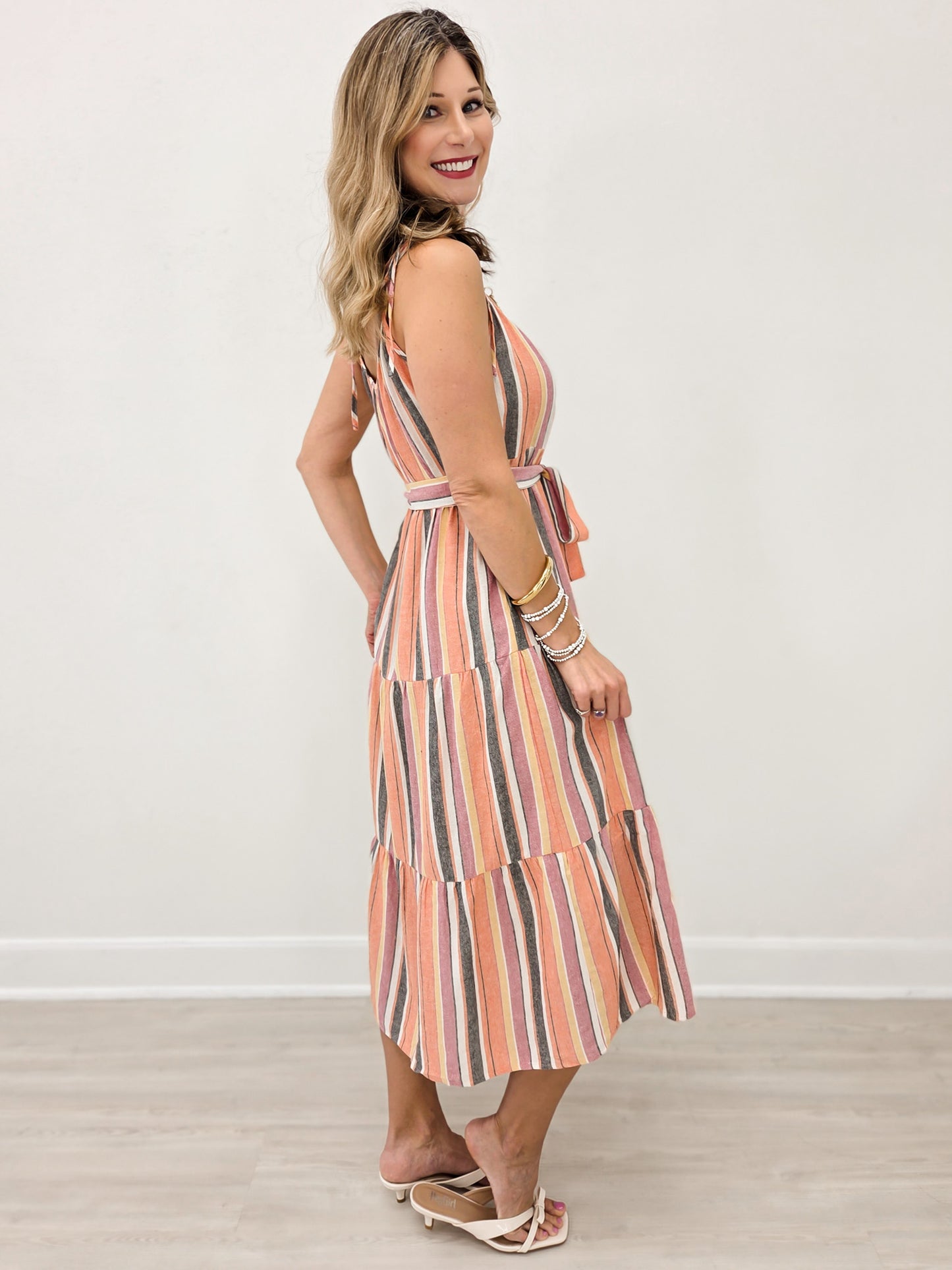 Multi Color Stripe Tie Detail Midi Dress