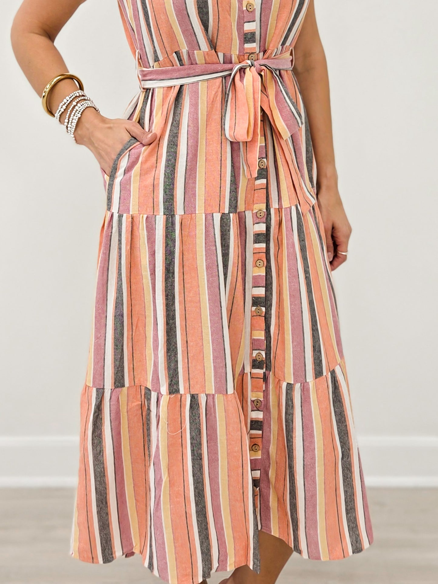 Multi Color Stripe Tie Detail Midi Dress