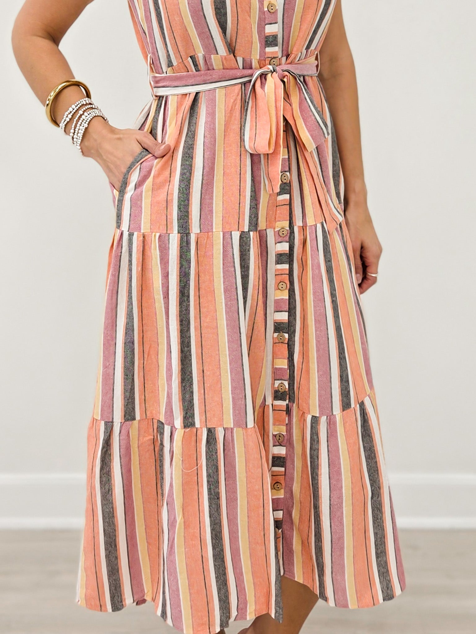 Multi Color Stripe Tie Detail Midi Dress