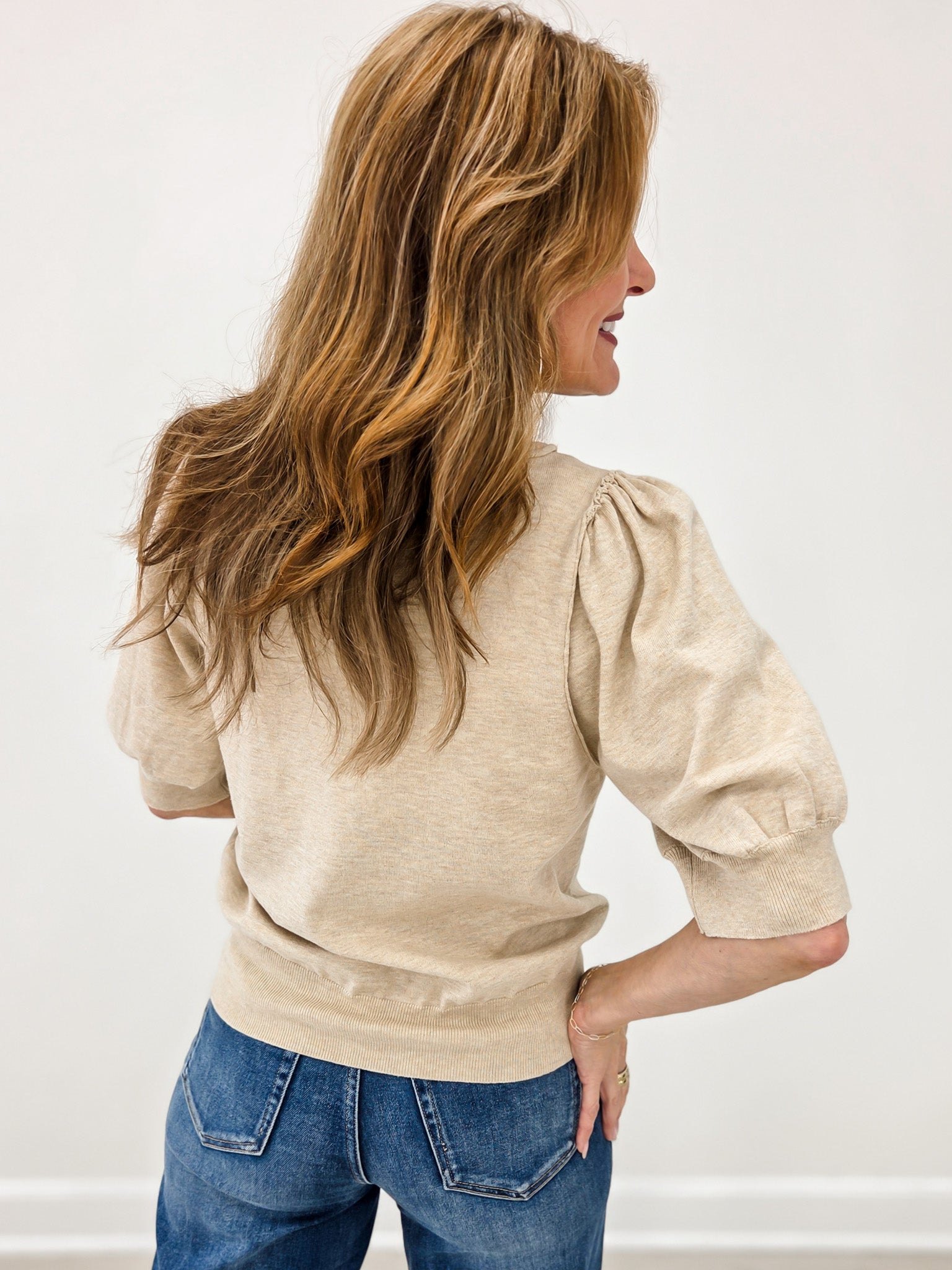 Short Puff Sleeve Knitted Sweater Top