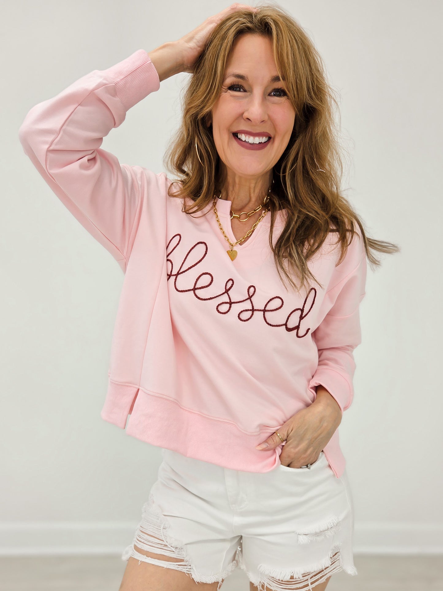 Long Sleeve V-Neck Embroidered Blessed Top