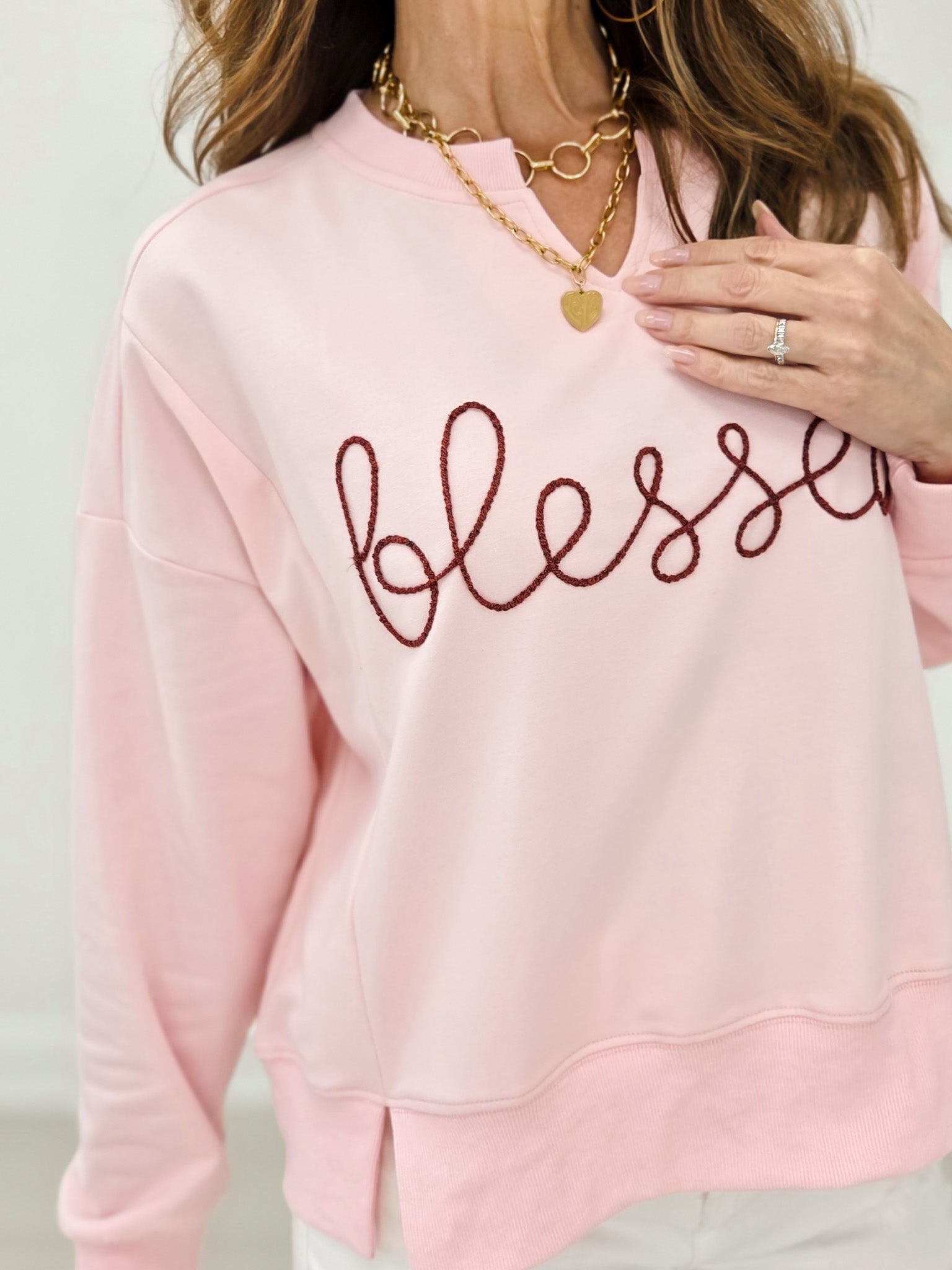 Long Sleeve V-Neck Embroidered Blessed Top