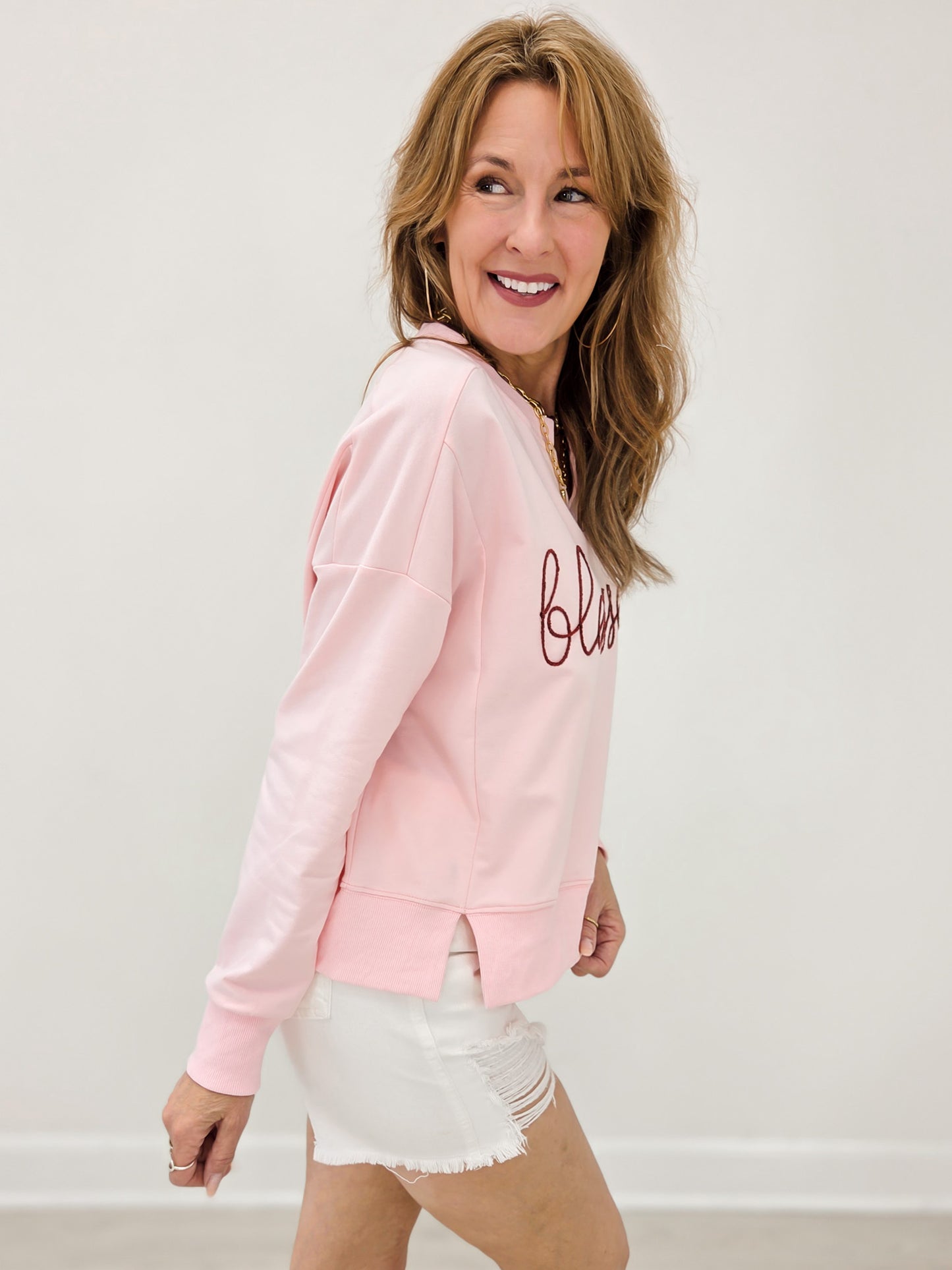 Long Sleeve V-Neck Embroidered Blessed Top