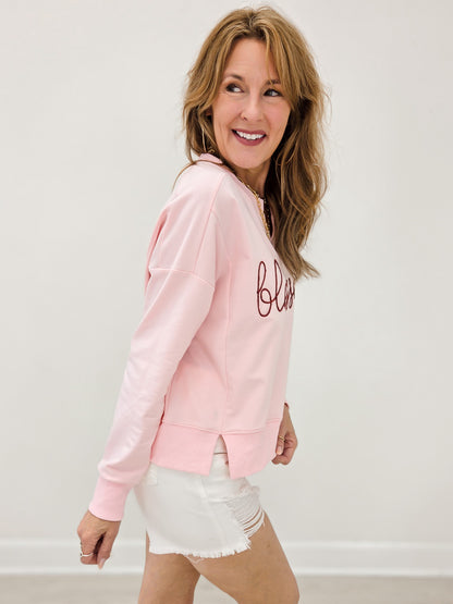 Long Sleeve V-Neck Embroidered Blessed Top