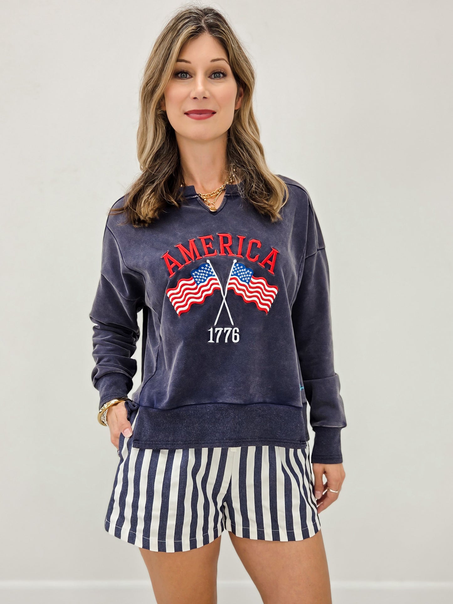 Mineral Washed Long Sleeve V-Neck Embroidered America Sweat Shirt