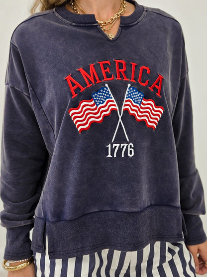 Mineral Washed Long Sleeve V-Neck Embroidered America Sweat Shirt