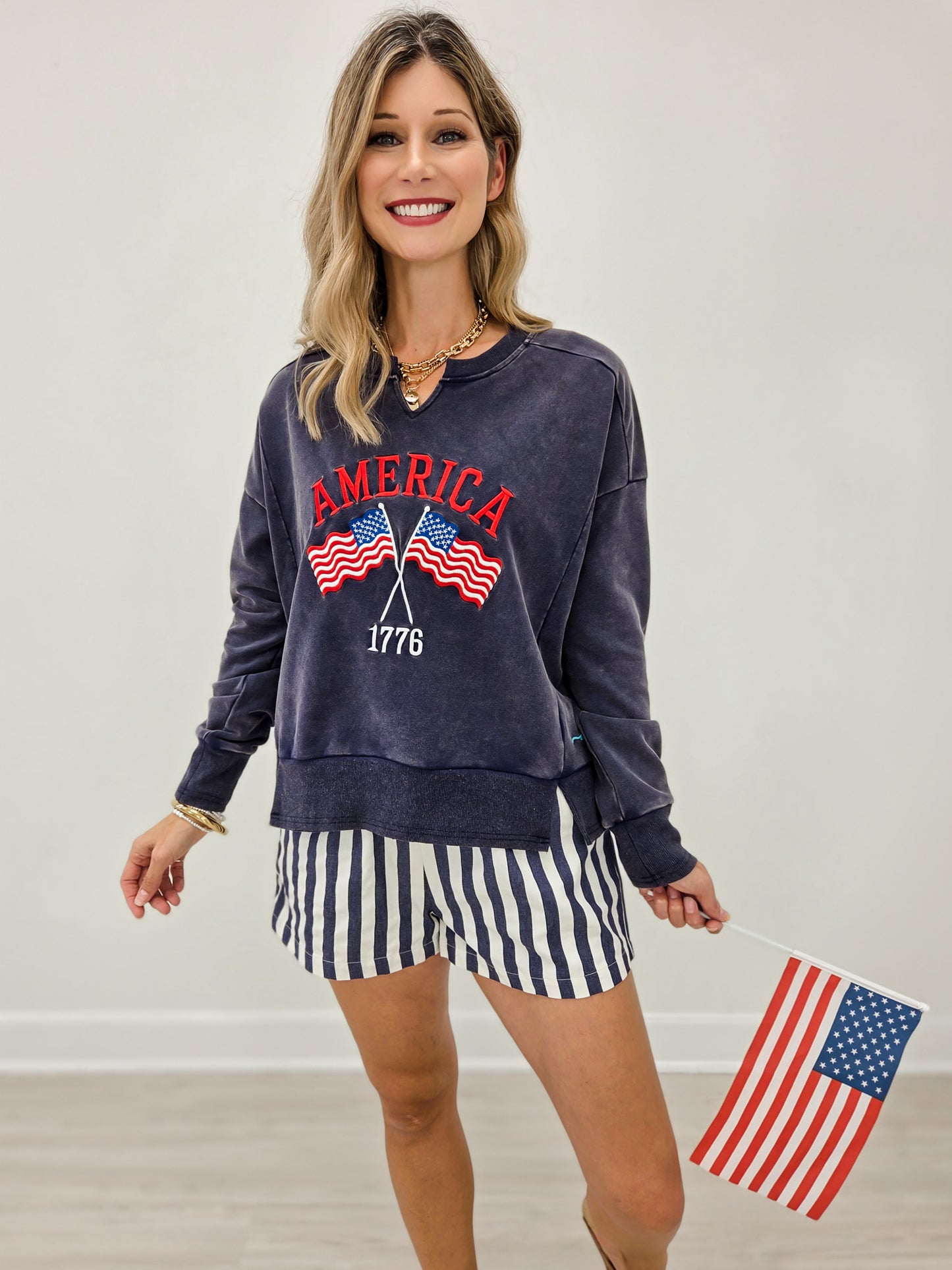 Mineral Washed Long Sleeve V-Neck Embroidered America Sweat Shirt