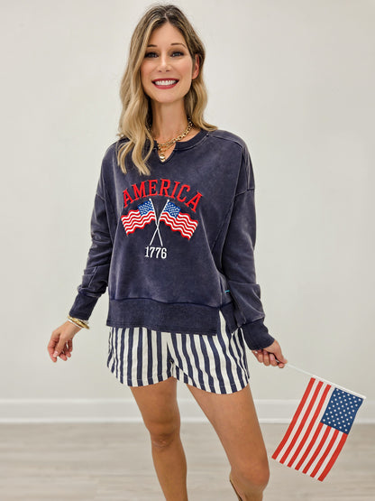Mineral Washed Long Sleeve V-Neck Embroidered America Sweat Shirt