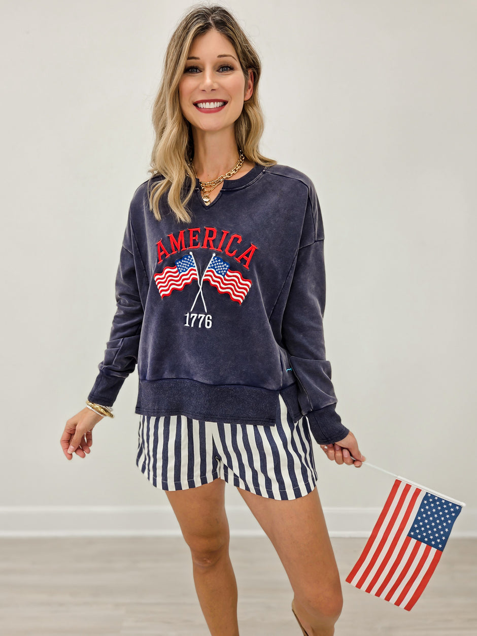 Mineral Washed Long Sleeve V-Neck Embroidered America Sweat Shirt