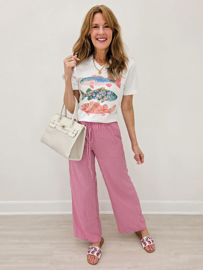 Mid Rise FUCHSIA and WHITE Checkered Print Straight Leg Pants