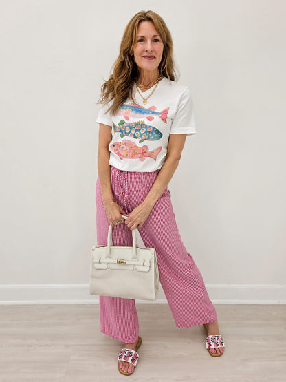 Mid Rise FUCHSIA and WHITE Checkered Print Straight Leg Pants