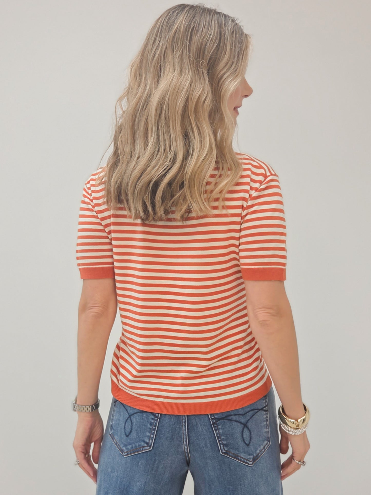 LIVE BOX CREW NECK HALF SLEEVE STRIPED SWEATER