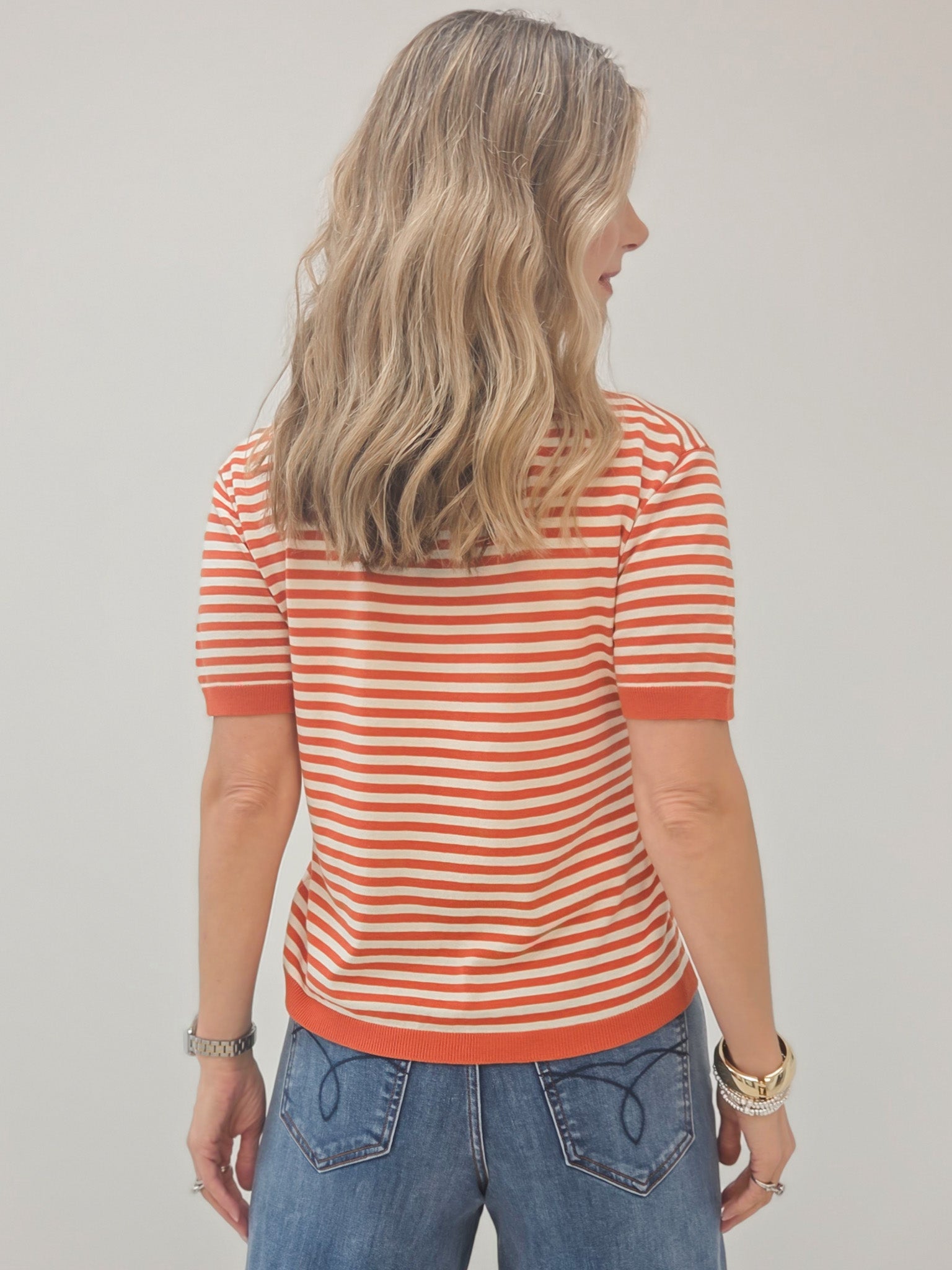 LIVE BOX CREW NECK HALF SLEEVE STRIPED SWEATER