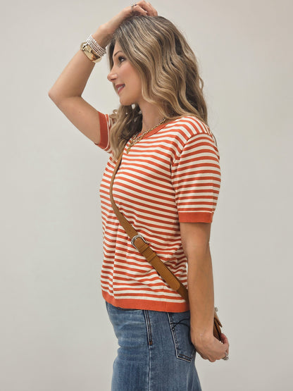 LIVE BOX CREW NECK HALF SLEEVE STRIPED SWEATER